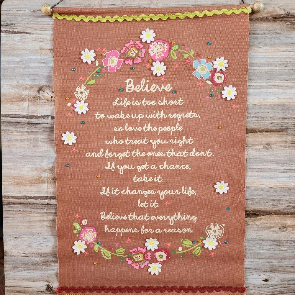 Natural Life Give Happy Believe Wall Hanging Canvas Scroll Floral Tassel 14x22